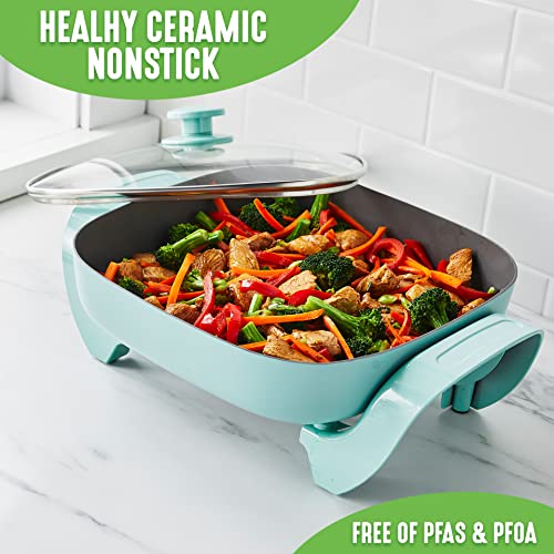 GreenLife Healthy Ceramic Nonstick, 12" 5QT Square Electric Skillet with Glass Lid, Dishwasher Safe, Adjustable Temperature Control, PFAS-Free, 8"D x 12"W x 6"H, 120 Volts, Turquoise