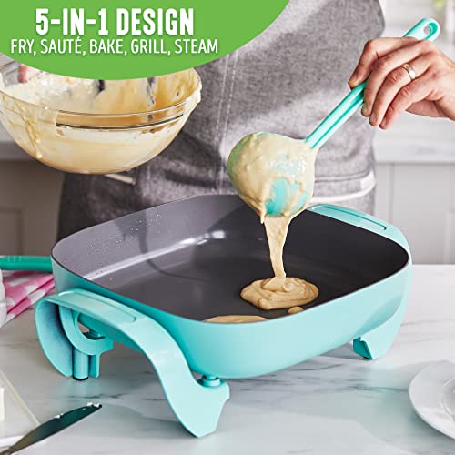 GreenLife Healthy Ceramic Nonstick, 12" 5QT Square Electric Skillet with Glass Lid, Dishwasher Safe, Adjustable Temperature Control, PFAS-Free, 8"D x 12"W x 6"H, 120 Volts, Turquoise