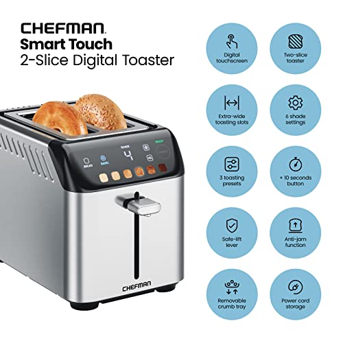 Chefman Smart Touch 2 Slice Digital Toaster, 6 Shade Settings, Stainless Steel Toaster 2 Slice with Extra-Wide Slots, Thick Bread Toaster and Bagel Toaster, +10, Defrost, Removable Crumb Tray