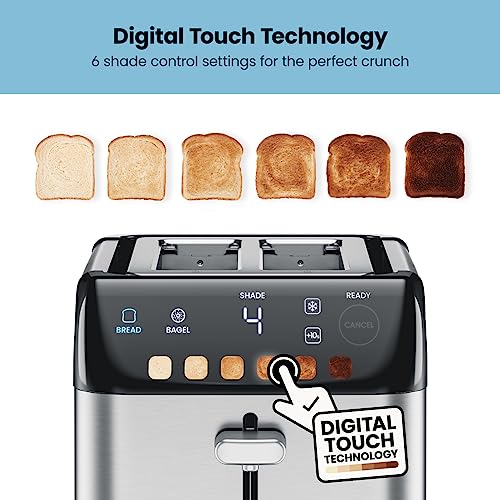 Chefman Smart Touch 2 Slice Digital Toaster, 6 Shade Settings, Stainless Steel Toaster 2 Slice with Extra-Wide Slots, Thick Bread Toaster and Bagel Toaster, +10, Defrost, Removable Crumb Tray