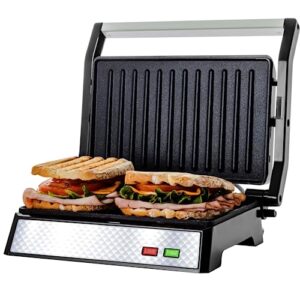 ovente electric indoor panini press grill and sandwich maker with non-stick coated plates, opens 180 degrees to fit any type or size food, temperature control and removable drip tray, silver gp0620br