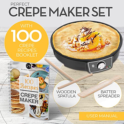 Crepe Maker Machine (Easy to Use), Pancake Griddle – Nonstick 12” Electric Griddle – Pancake Maker, Batter Spreader, Wooden Spatula – Crepe Pan for Roti, Tortilla, Blintzes – Portable, Compact