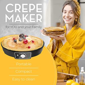 Crepe Maker Machine (Easy to Use), Pancake Griddle – Nonstick 12” Electric Griddle – Pancake Maker, Batter Spreader, Wooden Spatula – Crepe Pan for Roti, Tortilla, Blintzes – Portable, Compact