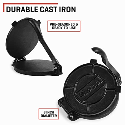 Uno Casa Cast Iron Tortilla Press - 8 Inch Tortilla Maker, Pre-Seasoned Roti Maker with 100 Pcs Parchment Paper, Heavy Duty Quesadilla Maker - Pataconera for Flour Tortilla, Tawa