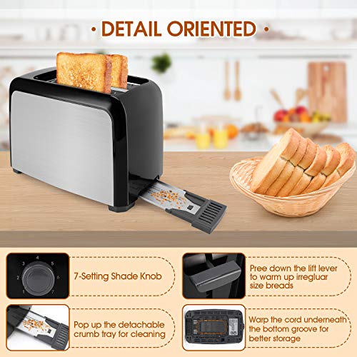 Toaster 2 Slice Stainless Steel Toaster Two Slice Toaster with Removable Crumb Tray Toaster Wide Slot Toasters 2 Slice Best Rated Prime with 7 Bread Shade Settings and Bagel, Defrost, Cancel Function for Bread