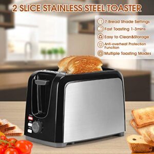 Toaster 2 Slice Stainless Steel Toaster Two Slice Toaster with Removable Crumb Tray Toaster Wide Slot Toasters 2 Slice Best Rated Prime with 7 Bread Shade Settings and Bagel, Defrost, Cancel Function for Bread