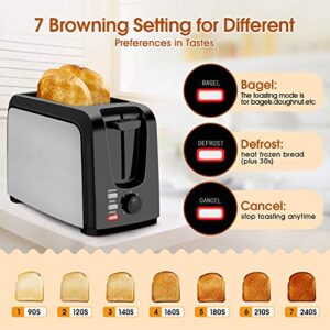 Toaster 2 Slice Stainless Steel Toaster Two Slice Toaster with Removable Crumb Tray Toaster Wide Slot Toasters 2 Slice Best Rated Prime with 7 Bread Shade Settings and Bagel, Defrost, Cancel Function for Bread