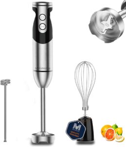 megawise pro titanium reinforced 3-in-1 immersion hand blender, powerful with 80% sharper blades, 12-speed corded blender, includingwhisk and milk frother (black or red)