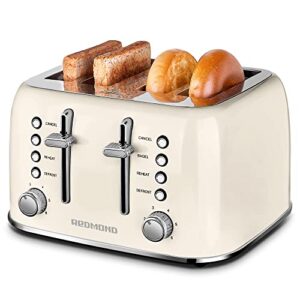 redmond toaster 4 slice, retro stainless steel toaster with extra wide slots bagel, defrost, reheat function, dual independent control panel, removable crumb tray, 6 shade settings and high lift lever, cream white, new version