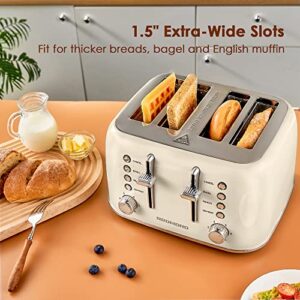 REDMOND Toaster 4 Slice, Retro Stainless Steel Toaster with Extra Wide Slots Bagel, Defrost, Reheat Function, Dual Independent Control Panel, Removable Crumb Tray, 6 Shade Settings and High Lift Lever, Cream White, New Version