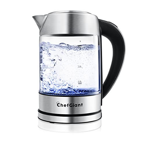 ChefGiant Cordless Electric Tea Kettle - 1.7L Hot Water Boiler Made of Glass & Stainless Steel - Large Capacity Water Heater with Auto Shut-Off