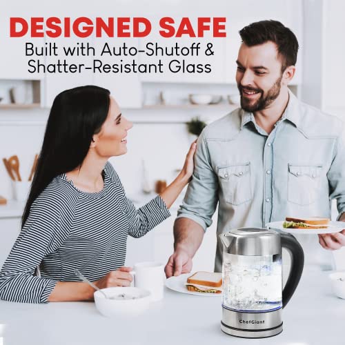 ChefGiant Cordless Electric Tea Kettle - 1.7L Hot Water Boiler Made of Glass & Stainless Steel - Large Capacity Water Heater with Auto Shut-Off