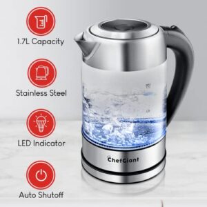 ChefGiant Cordless Electric Tea Kettle - 1.7L Hot Water Boiler Made of Glass & Stainless Steel - Large Capacity Water Heater with Auto Shut-Off