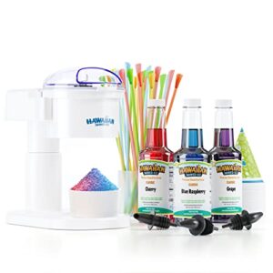 hawaiian shaved ice s700 kid-friendly snow cone machine kit with 3 - 16oz. syrup flavors: cherry, grape, and blue raspberry, plus 25 snow cone cups, 25 spoon straws, and 3 black bottle pourers
