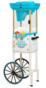 nostalgia snow cone shaved ice machine - retro cart slushie machine makes 48 icy treats - includes metal scoop, storage compartment, wheels for easy mobility - white, blue