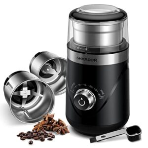shardor adjustable coffee grinder electric, herb, spice grinder, coffee bean, espresso grinder with 2 removable stainless steel bowl, black