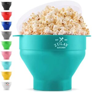 zulay kitchen large microwave popcorn maker - silicone popcorn popper microwave collapsible bowl with lid - family size microwave popcorn bowl - 15 popcorn cup capacity (aqua)