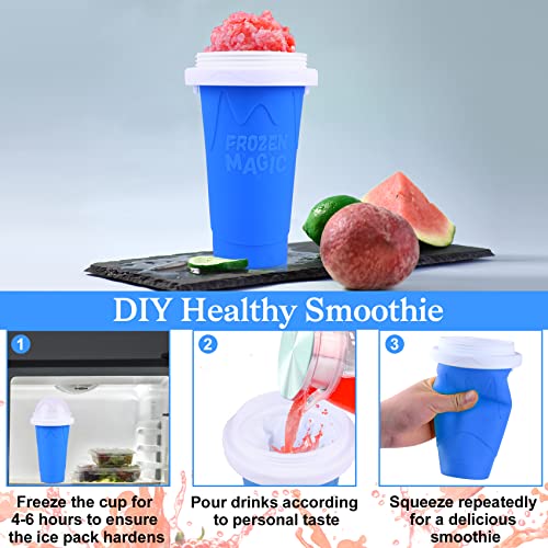 2 Pack Slushie Maker Cup, TIK TOK Frozen Magic Smoothies Cup, Double Layers Silica Cup, DIY Homemade Slushies, Cooling Maker Cup, Freeze Mug Tools, Portable Squeeze Icy Cup for Milkshake(Blue+Pink)