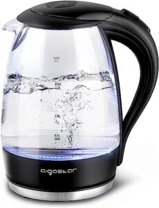 aigostar electric kettle, 1.7 liter electric tea kettle with led illuminated and high borosilicate glass, hot water kettle with filter, bpa free, auto shutoff, boil-dry protection, cordless, 360° base