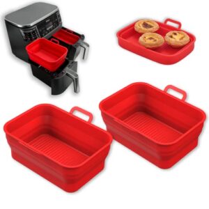 vangerute collapsible 2-pack air fryer silicone liners for 8qt & 10qt ninja foodi dual air fryer,rectangular air fryer silicone pot, reusable silicone air fryer basket for air fryer accessories(red)