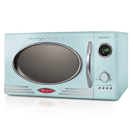 Nostalgia Retro Countertop Microwave Oven, 0.9 Cu. Ft. 800-Watts with LED Digital Display, Child Lock, Easy Clean Interior, Cu.Ft, Aqua