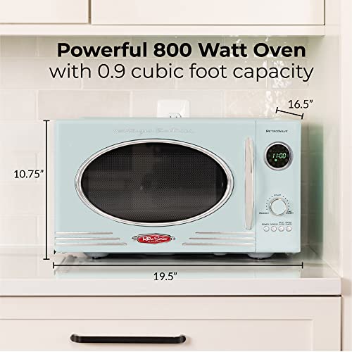 Nostalgia Retro Countertop Microwave Oven, 0.9 Cu. Ft. 800-Watts with LED Digital Display, Child Lock, Easy Clean Interior, Cu.Ft, Aqua