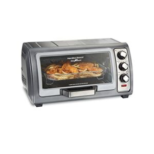 hamilton beach toaster oven air fryer combo with large capacity, fits 6 slices or 12” pizza, 4 cooking functions for convection, bake, broil, roll-top door, easy reach sure-crisp, stainless steel