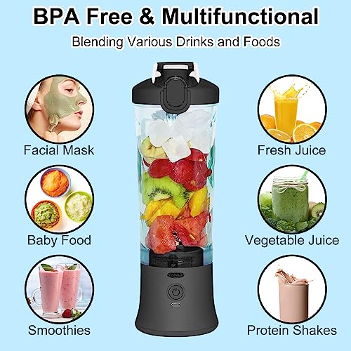 Portable Blender for Shakes and Smoothies 20 Oz, Waterproof Personal Blender USB Rechargeable with 6 Blades and Travel Lid for Kitchen, Office, Gym & Travel (Carbon Black)