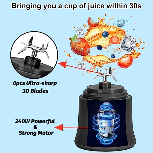 Portable Blender for Shakes and Smoothies 20 Oz, Waterproof Personal Blender USB Rechargeable with 6 Blades and Travel Lid for Kitchen, Office, Gym & Travel (Carbon Black)