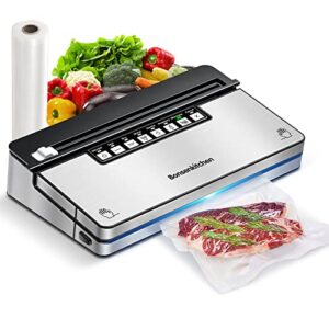 bonsenkitchen vacuum sealer machine, stainless steel vacuum food sealer with 8-in-1 vacuum sealing system, 6 food vacuum modes, built-in cutter and bag storage, compact design w/starter kit