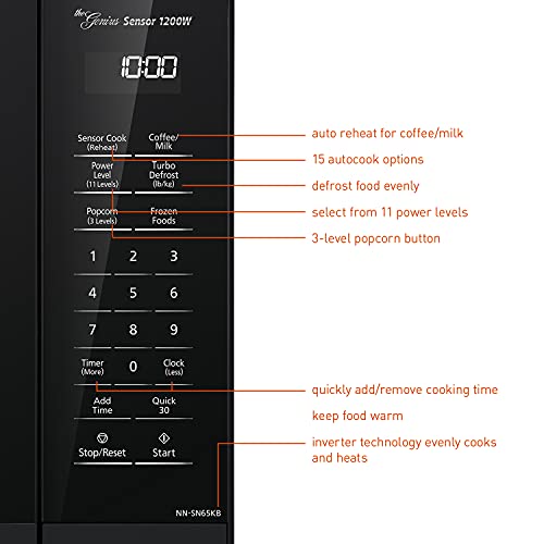 Panasonic NN-SN65KB Microwave Oven with Inverter Technology 1200W, 1.2 cu.ft. Small Genius Sensor One-Touch Cooking, Popcorn Button, Turbo Defrost-NN-SN65KB (Black)