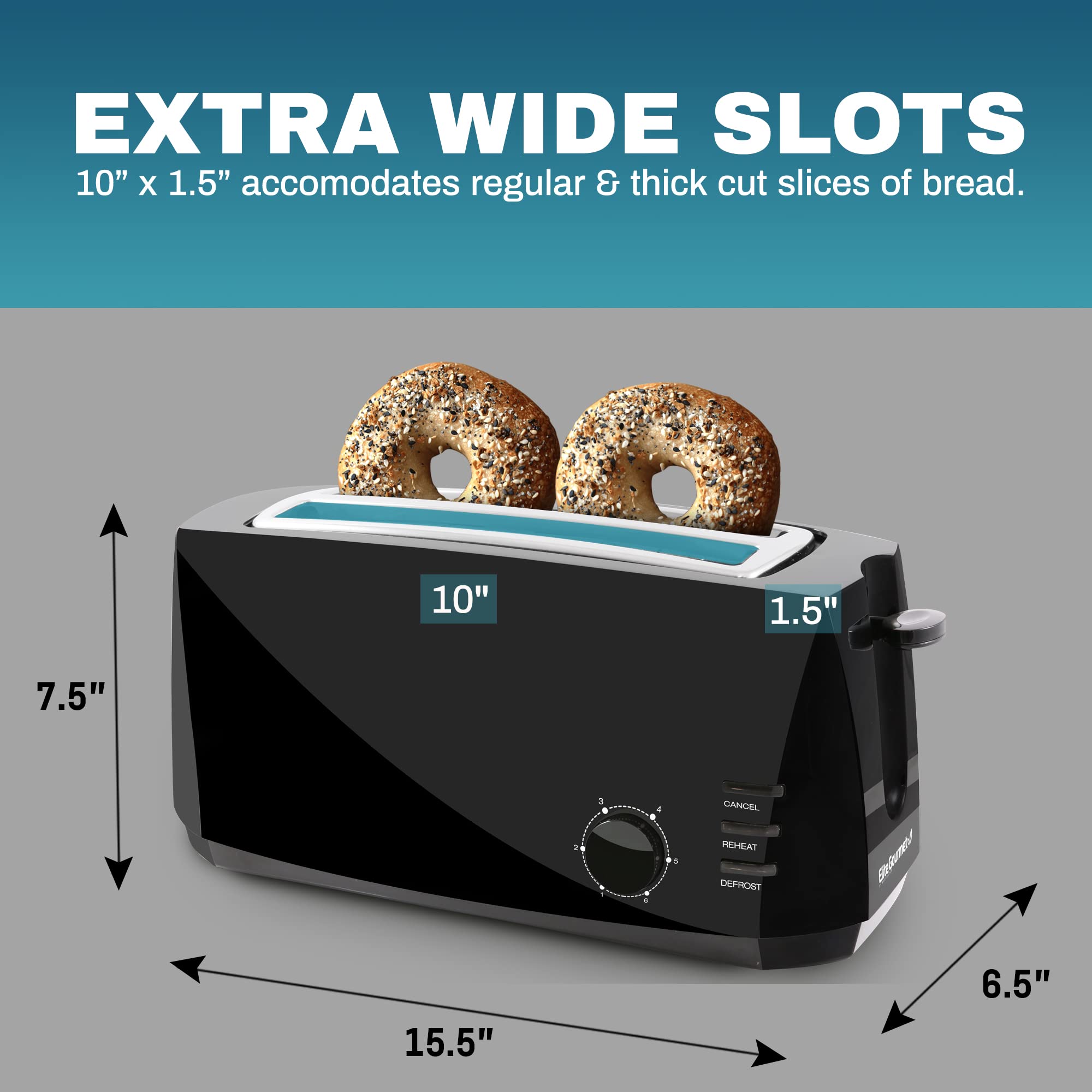 Elite Gourmet ECT4829B# Long Slot 4 Slice Toaster, Reheat 6 Toast Settings, Defrost, Cancel Functions, Built-in Warming Rack, Extra Wide Slots for Bagels Waffles, Black