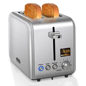 seedeem toaster 2 slice, stainless steel bread toaster with colorful lcd display, 7 bread shade settings, 1.4'' wide slots toaster with bagel/defrost/reheat functions, removable crumb tray, 900w, silver metallic
