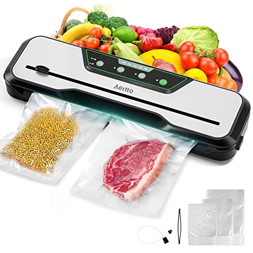 Automatic Food Vacuum Sealer Machine | Aeitto® 80KPa 8-In-1 Food Vacuum Saver with Starter Kits | 15 Bags, Pulse Function, Moist&Dry Mode and External VAC for Jars and Containers | Build-in Cutter | LED Indicator | Easy to Clean | Sous Vide