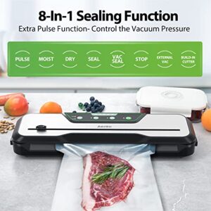 Automatic Food Vacuum Sealer Machine | Aeitto® 80KPa 8-In-1 Food Vacuum Saver with Starter Kits | 15 Bags, Pulse Function, Moist&Dry Mode and External VAC for Jars and Containers | Build-in Cutter | LED Indicator | Easy to Clean | Sous Vide