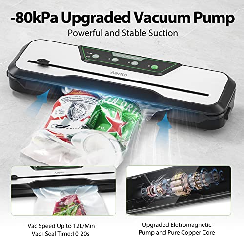 Automatic Food Vacuum Sealer Machine | Aeitto® 80KPa 8-In-1 Food Vacuum Saver with Starter Kits | 15 Bags, Pulse Function, Moist&Dry Mode and External VAC for Jars and Containers | Build-in Cutter | LED Indicator | Easy to Clean | Sous Vide