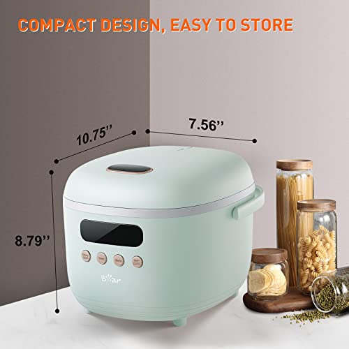 Bear Rice Cooker 8 Cups Cooked, Rice Cooker Small with 6 Cooking Functions, Advanced Fuzzy Logic Micom Technology, 24 Hours Preset Keep Warm, Non-Stick Inner Pot, 2L Green