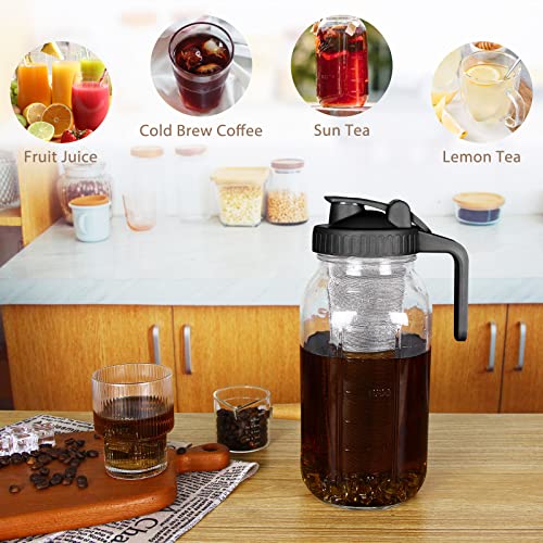 VA1KENE 64oz Cold Brew Coffee Maker - Mason Jar Pitcher With Lid and Spout,No Leaks Iced Coffee Maker With Stainless Steel Filter,Cold Brew Mason Jar for Coffee,Ice Tea,Lemonade and Cold Brew,(Black)