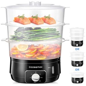 cozeemax 13.7qt electric food steamer for cooking, 3 tier vegetable steamer for fast simultaneous cooking, 60 minute timer, bpa free baskets, 800w (black)