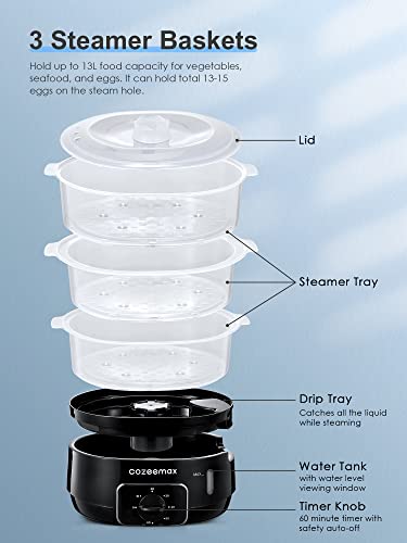 Cozeemax 13.7QT Electric Food Steamer for Cooking, 3 Tier Vegetable Steamer for Fast Simultaneous Cooking, 60 Minute Timer, BPA Free Baskets, 800W (Black)