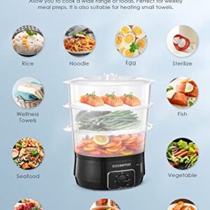 Cozeemax 13.7QT Electric Food Steamer for Cooking, 3 Tier Vegetable Steamer for Fast Simultaneous Cooking, 60 Minute Timer, BPA Free Baskets, 800W (Black)