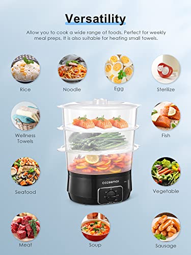 Cozeemax 13.7QT Electric Food Steamer for Cooking, 3 Tier Vegetable Steamer for Fast Simultaneous Cooking, 60 Minute Timer, BPA Free Baskets, 800W (Black)