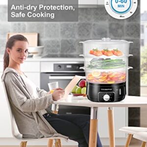 Cozeemax 13.7QT Electric Food Steamer for Cooking, 3 Tier Vegetable Steamer for Fast Simultaneous Cooking, 60 Minute Timer, BPA Free Baskets, 800W (Black)