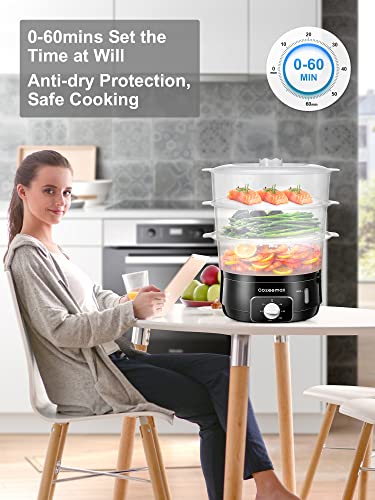 Cozeemax 13.7QT Electric Food Steamer for Cooking, 3 Tier Vegetable Steamer for Fast Simultaneous Cooking, 60 Minute Timer, BPA Free Baskets, 800W (Black)