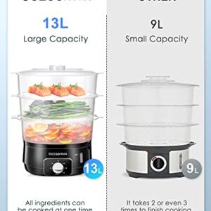 Cozeemax 13.7QT Electric Food Steamer for Cooking, 3 Tier Vegetable Steamer for Fast Simultaneous Cooking, 60 Minute Timer, BPA Free Baskets, 800W (Black)