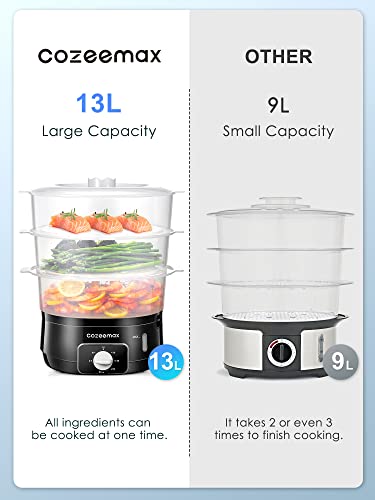 Cozeemax 13.7QT Electric Food Steamer for Cooking, 3 Tier Vegetable Steamer for Fast Simultaneous Cooking, 60 Minute Timer, BPA Free Baskets, 800W (Black)