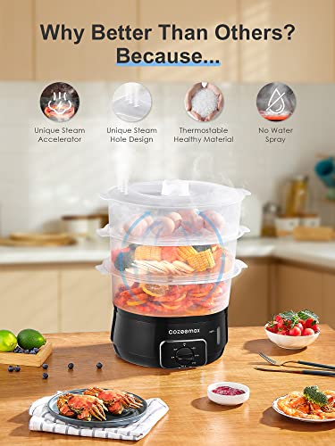 Cozeemax 13.7QT Electric Food Steamer for Cooking, 3 Tier Vegetable Steamer for Fast Simultaneous Cooking, 60 Minute Timer, BPA Free Baskets, 800W (Black)