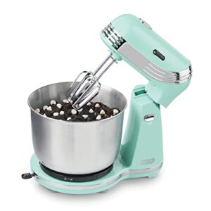 dash stand mixer (electric mixer for everyday use): 6 speed stand mixer with 3 quart stainless steel mixing bowl, dough hooks & mixer beaters for dressings, frosting, meringues & more - aqua