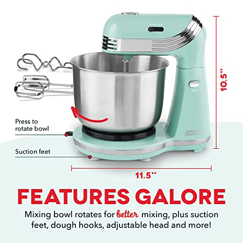 Dash Stand Mixer (Electric Mixer for Everyday Use): 6 Speed Stand Mixer with 3 Quart Stainless Steel Mixing Bowl, Dough Hooks & Mixer Beaters for Dressings, Frosting, Meringues & More - Aqua