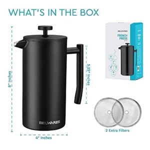 French Press Coffee Maker - Double Wall Insulated 304 Stainless Steel Coffee Maker 4 Level Filtration System - 2x Filter & Coffee Spoo Coffee Press Tea Makrer, 34oz (1 Litre) - Black